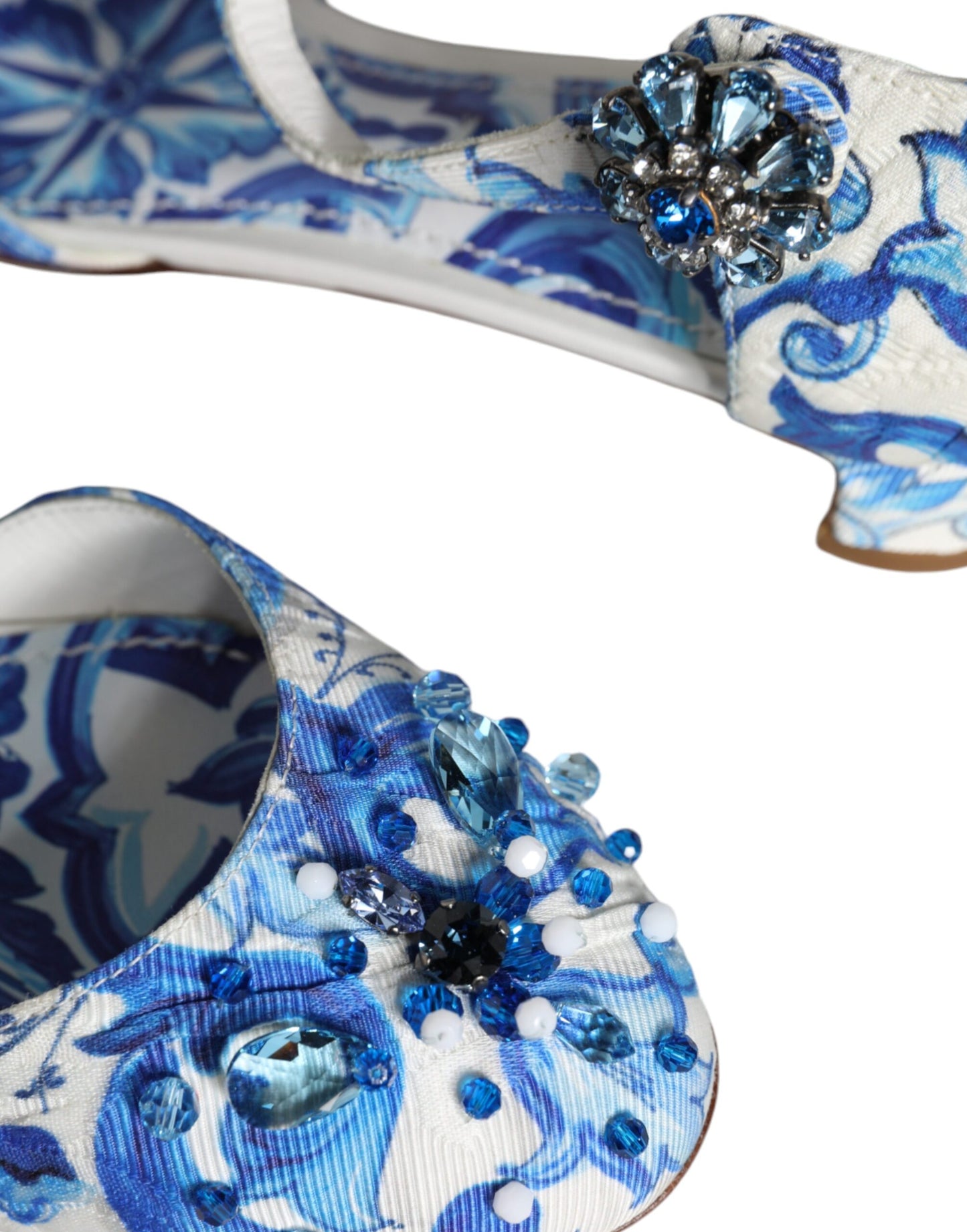 Dolce &amp; Gabbana White Blue Majolica Print Ankle Strap Sandals Shoes