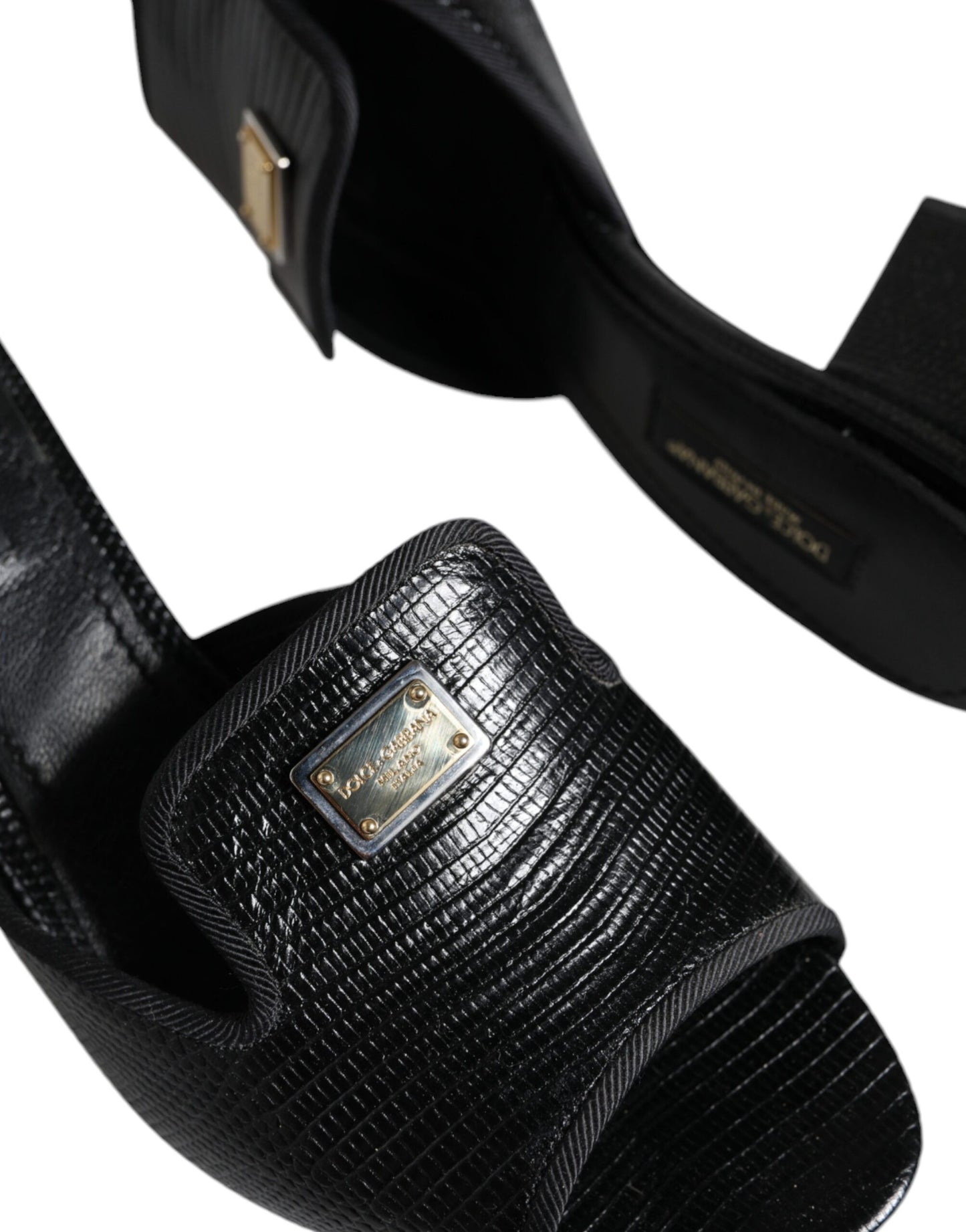 Dolce &amp; Gabbana Black Logo Plaque Leather Heels Sandals Shoes