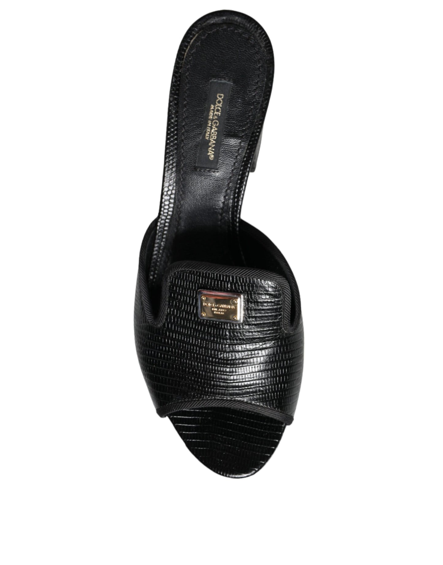 Dolce &amp; Gabbana Black Logo Plaque Leather Heels Sandals Shoes