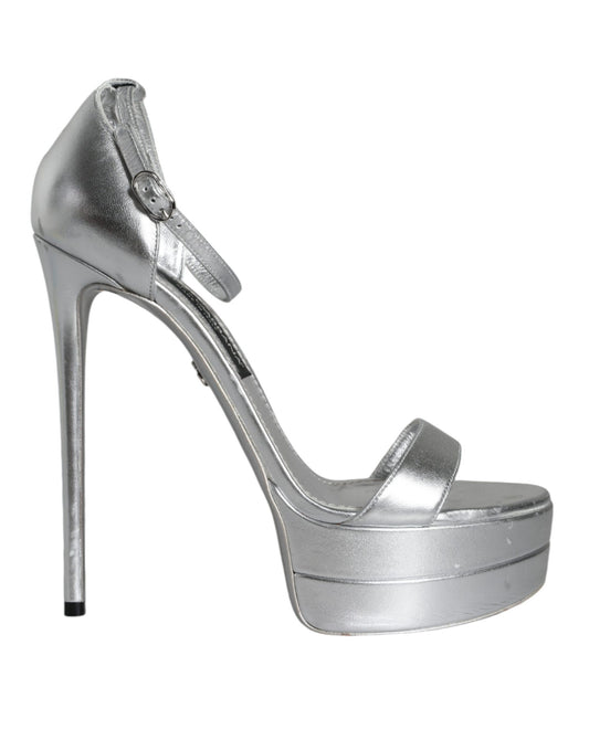 Dolce &amp; Gabbana Silver KEIRA Heels Ankle Strap Sandals Shoes