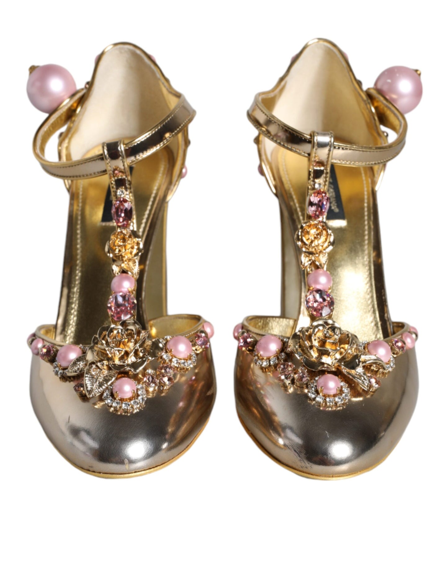 Dolce &amp; Gabbana Gold Embellished Leather T-strap Heels Shoes