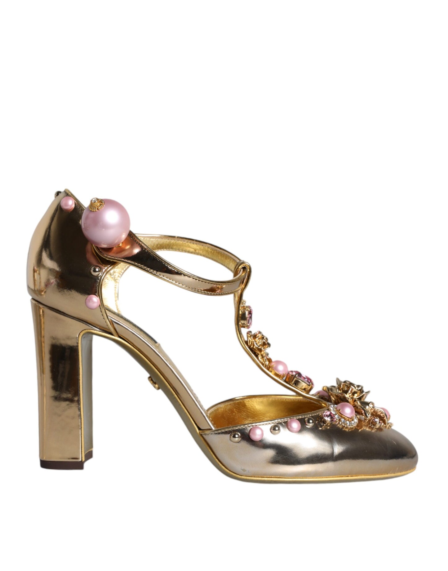 Dolce &amp; Gabbana Gold Embellished Leather T-strap Heels Shoes