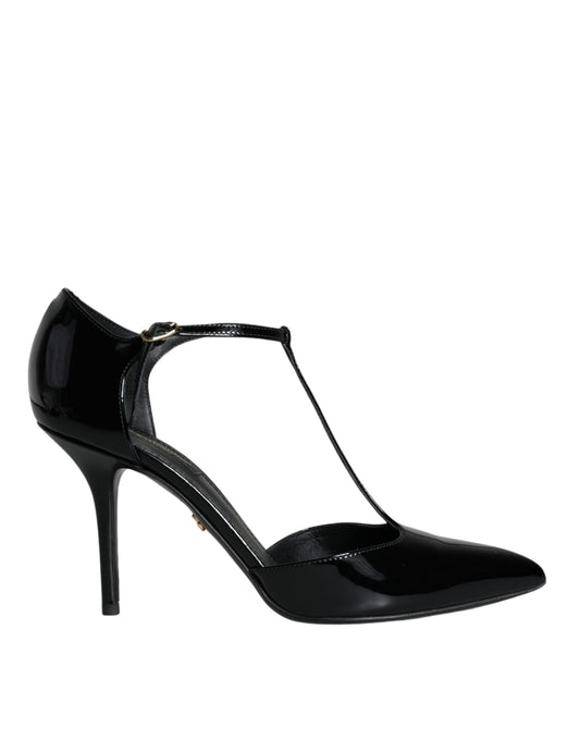 Dolce &amp; Gabbana Black Patent Leather T-strap Heels Pumps Shoes