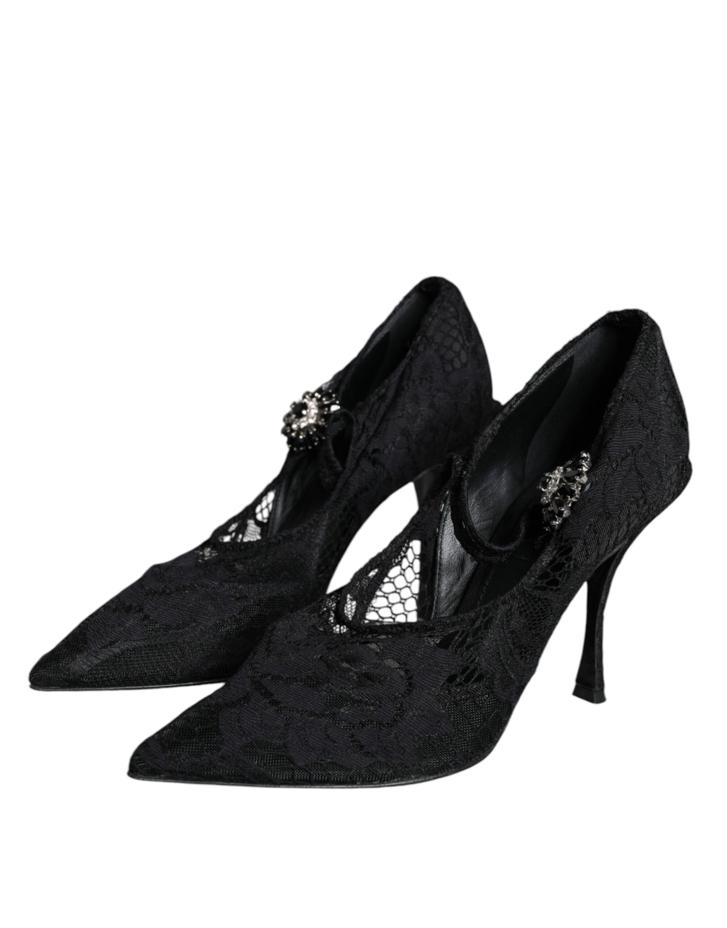 Dolce &amp; Gabbana Black Mary Jane Pumps Lace Crystals Heels Shoes