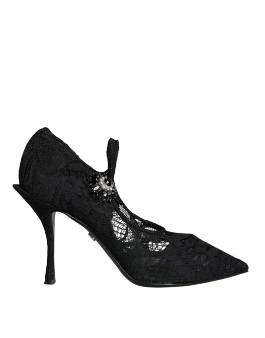 Dolce &amp; Gabbana Black Mary Jane Pumps Lace Crystals Heels Shoes