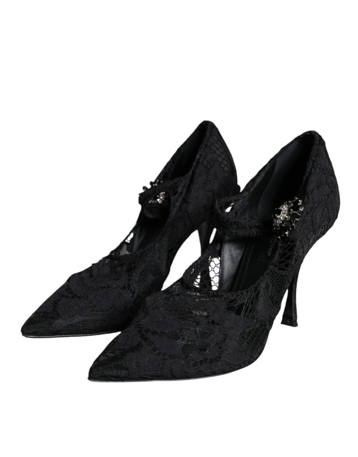 Dolce &amp; Gabbana Black Mary Jane Pumps Lace Crystals Heels Shoes