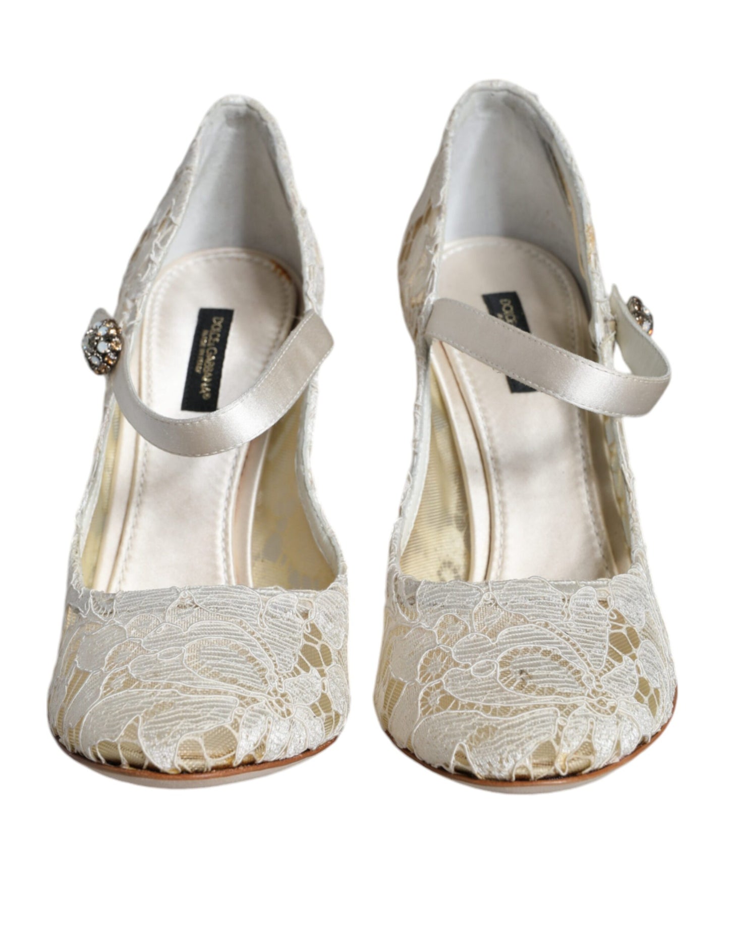 Dolce &amp; Gabbana White Lace Crystals Heels Sandals Shoes