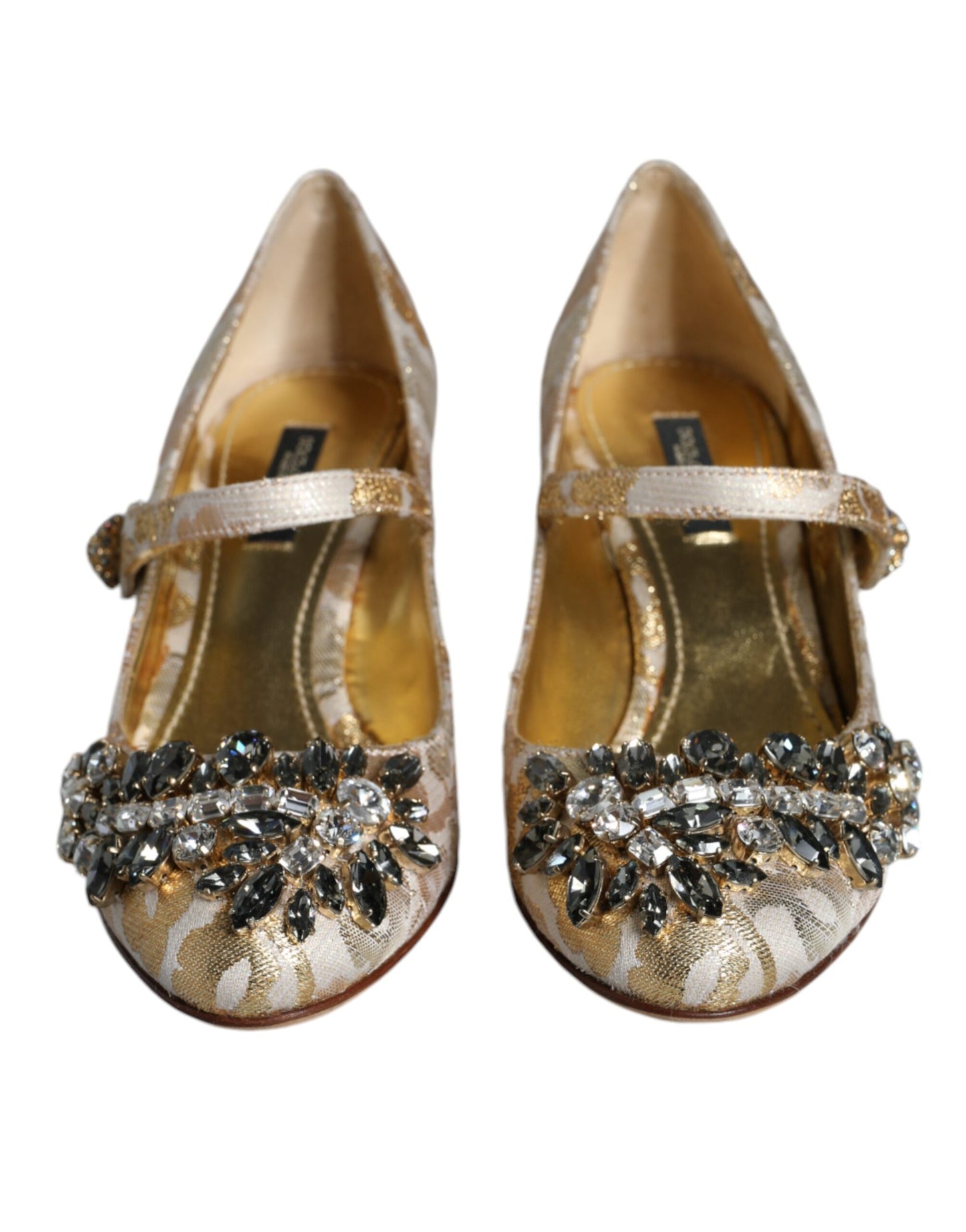 Dolce &amp; Gabbana Gold Jacquard Crystal Mary Janes Pumps Shoes