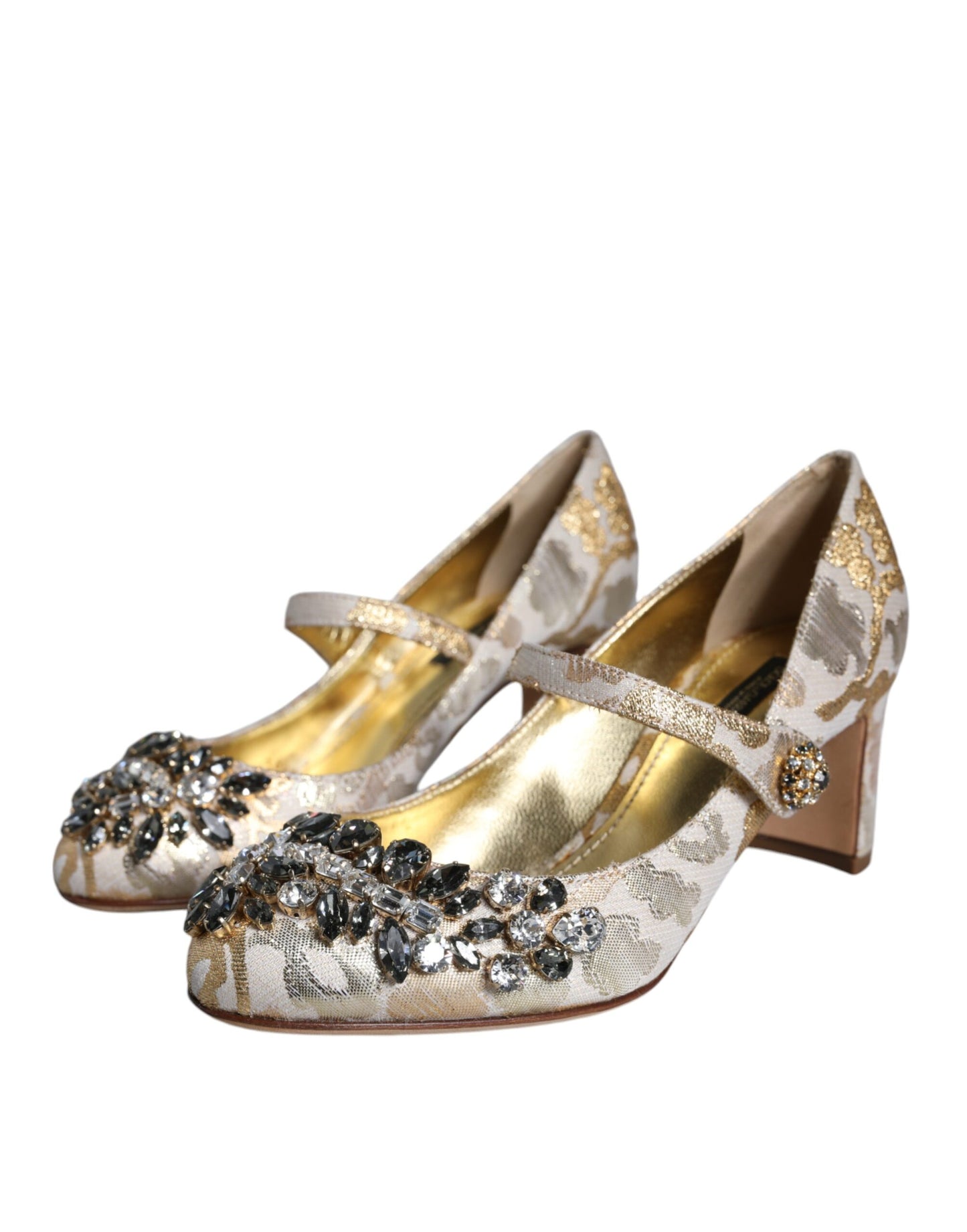 Dolce &amp; Gabbana Gold Jacquard Crystal Mary Janes Pumps Shoes