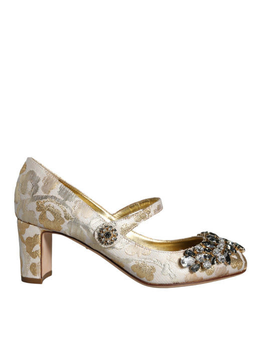 Dolce &amp; Gabbana Gold Jacquard Crystal Mary Janes Pumps Shoes