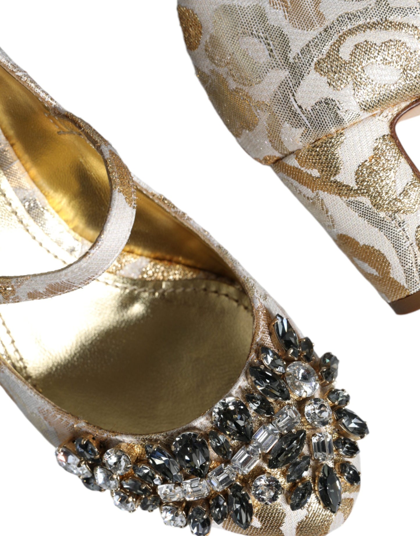 Dolce &amp; Gabbana Gold Jacquard Crystal Mary Janes Pumps Shoes