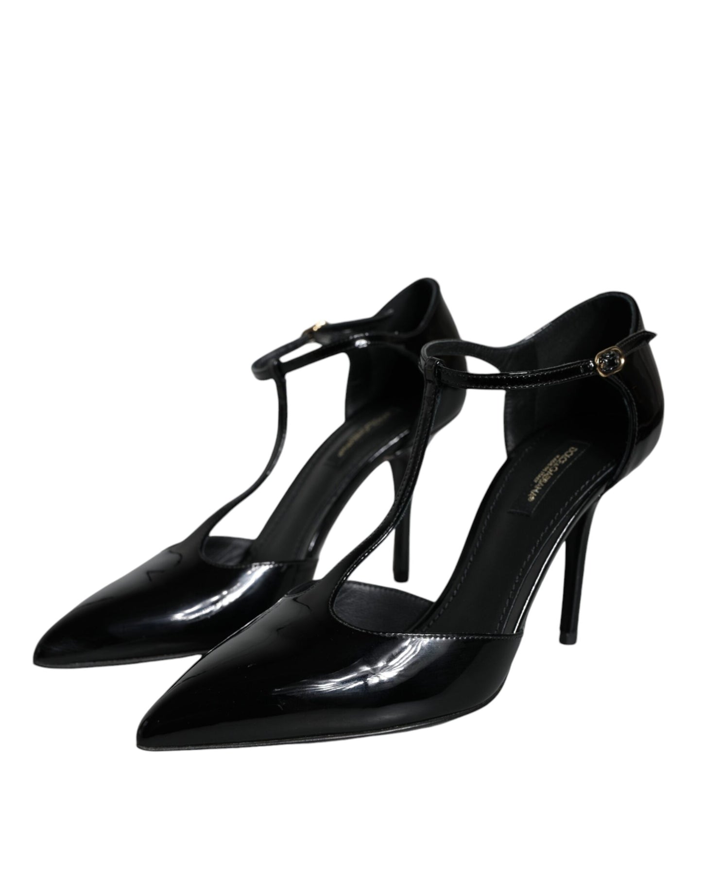 Dolce &amp; Gabbana Black Patent Leather T-strap Heels Pumps Shoes