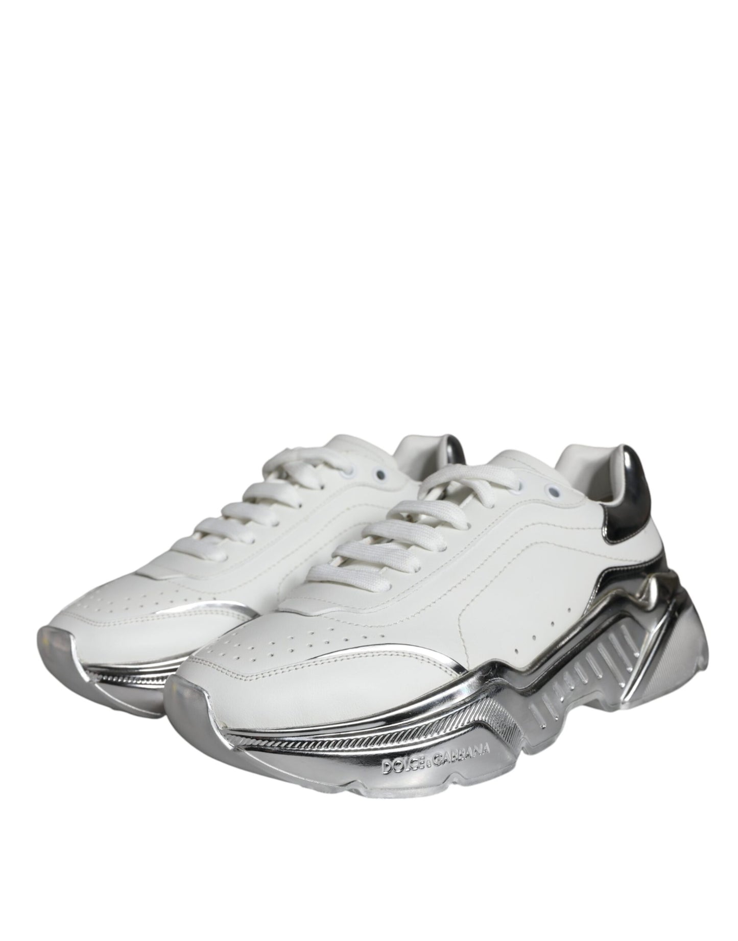 Dolce &amp; Gabbana White Silver Daymaster Leather Sneakers Shoes