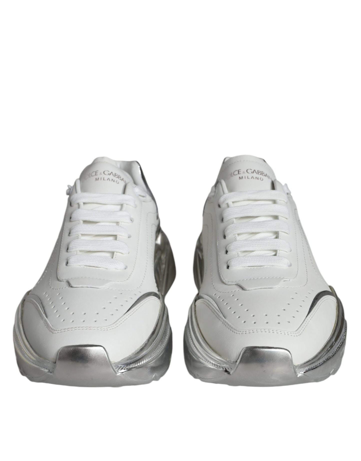 Dolce &amp; Gabbana White Silver Daymaster Leather Sneakers Shoes