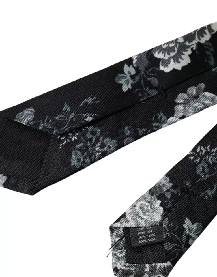 Dolce &amp; Gabbana Black Floral Print Silk Adjustable Tie