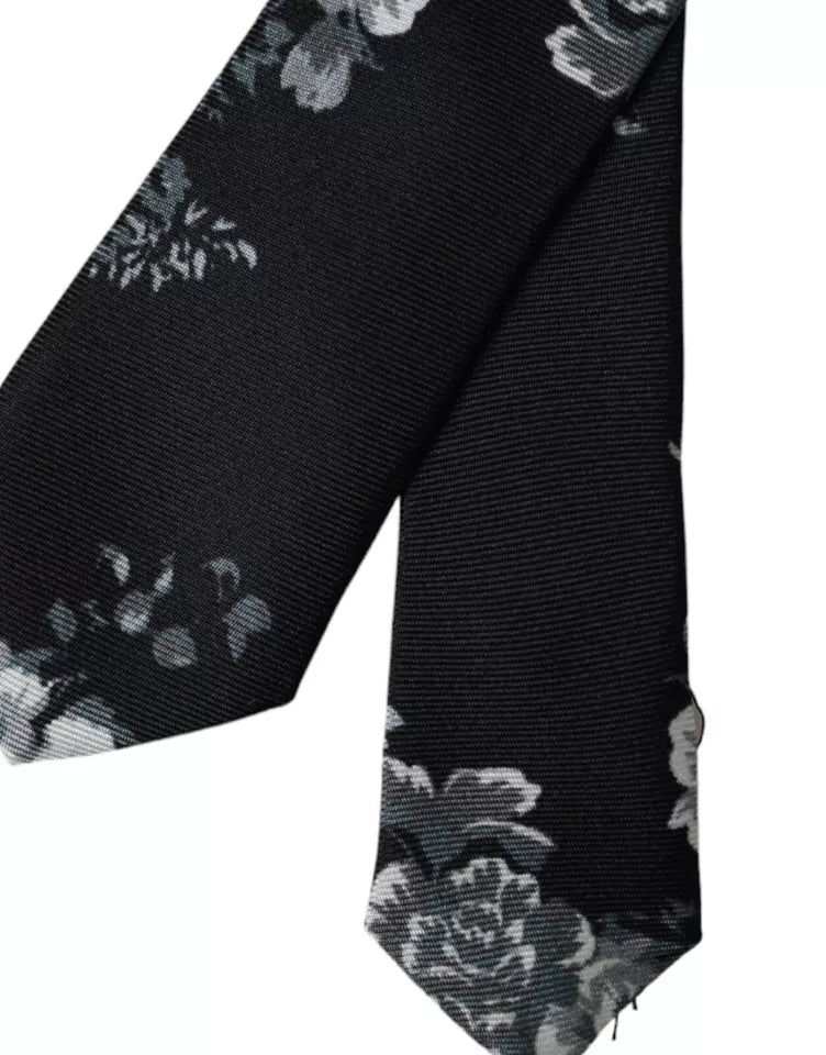 Dolce &amp; Gabbana Black Floral Print Silk Adjustable Tie