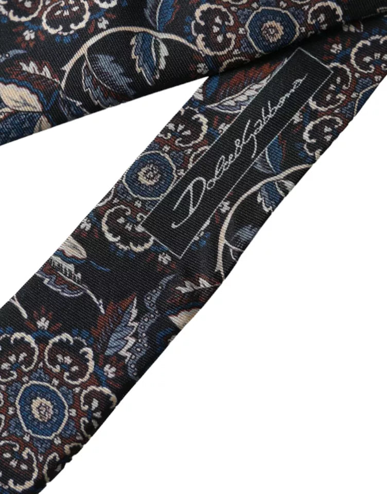 Dolce &amp; Gabbana Black Silk Tie with Floral Pattern, Adjustable for Men