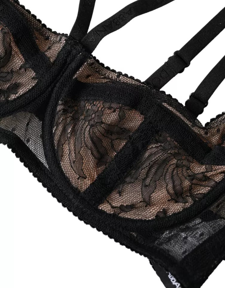 Dolce &amp; Gabbana Black Floral Lace Nylon Balconcino Bra Underwear