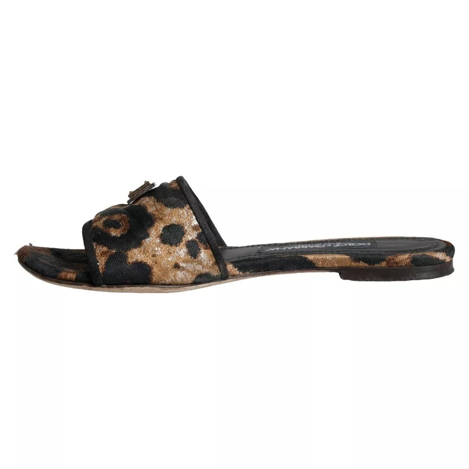 Dolce &amp; Gabbana Brown Leopard Logo Slides Flats Sandals Shoes