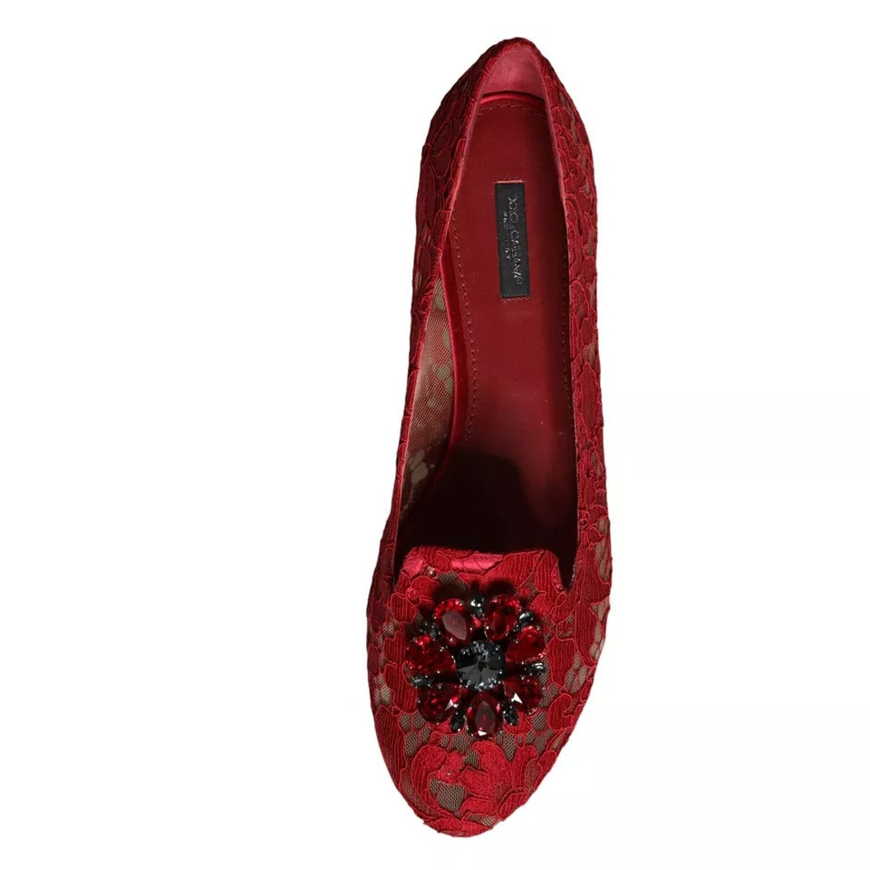 Dolce &amp; Gabbana Red Lace Crystal Ballet Flats Loafers Shoes