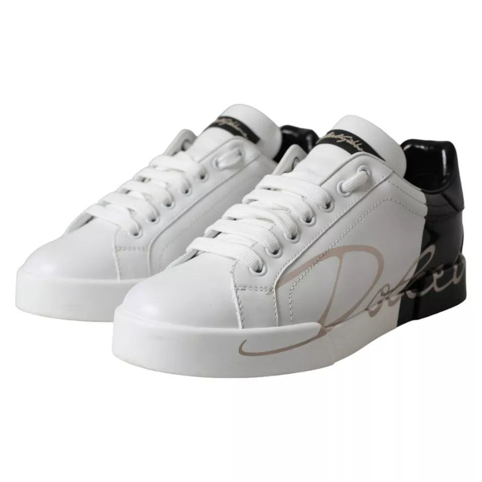 Dolce &amp; Gabbana White Black Portofino Low Top Leather Sneakers Shoes