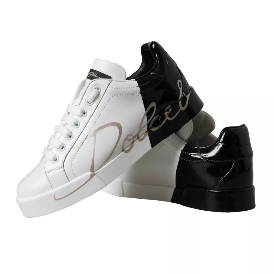 Dolce &amp; Gabbana White Black Portofino Low Top Leather Sneakers Shoes