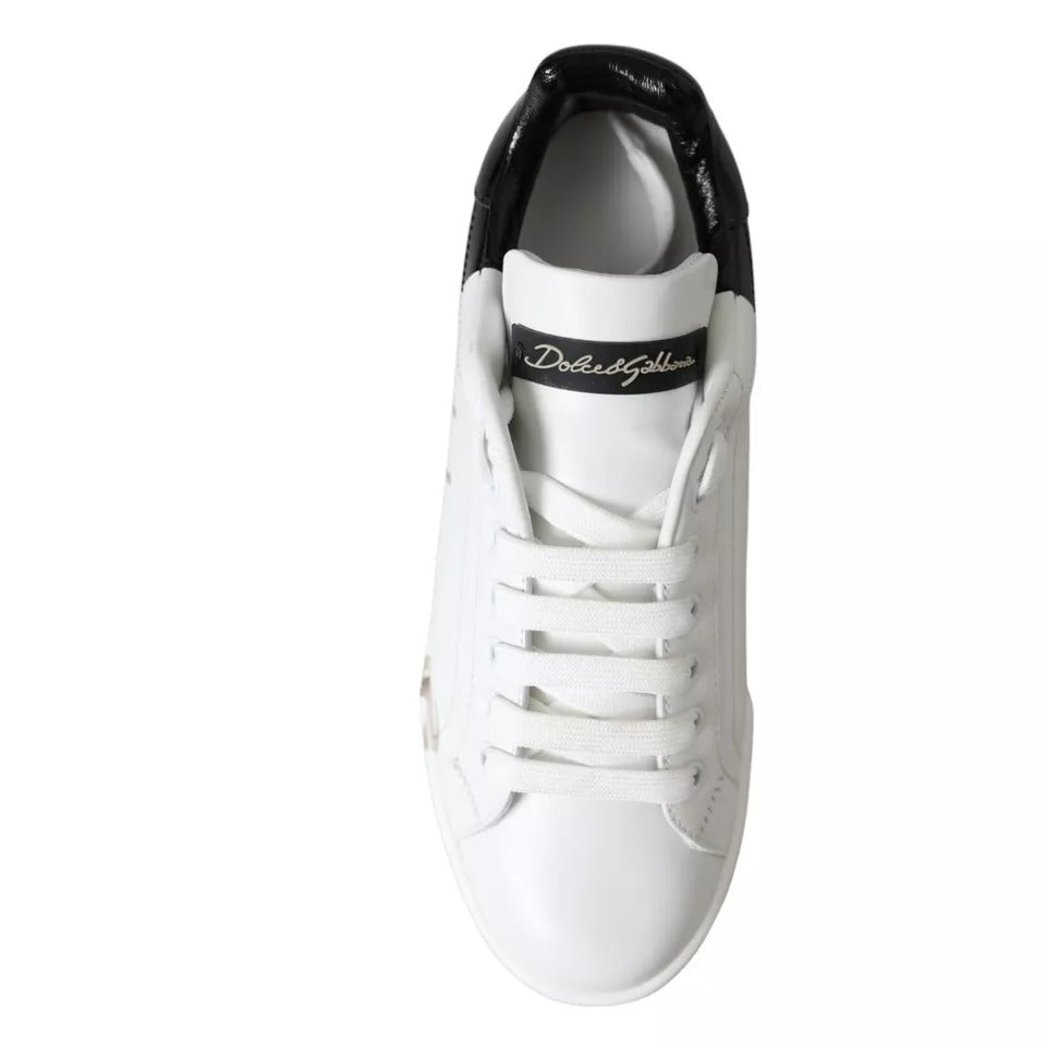 Dolce &amp; Gabbana White Black Portofino Low Top Leather Sneakers Shoes