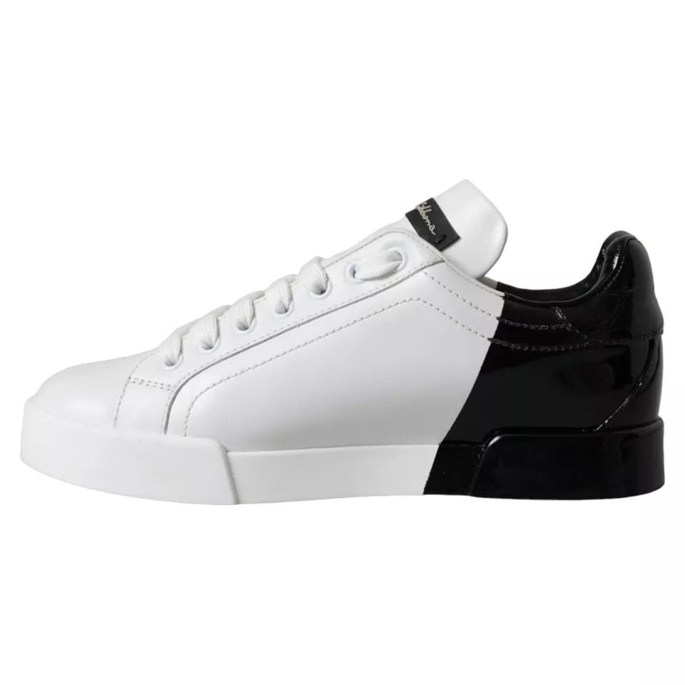 Dolce &amp; Gabbana White Black Portofino Low Top Leather Sneakers Shoes