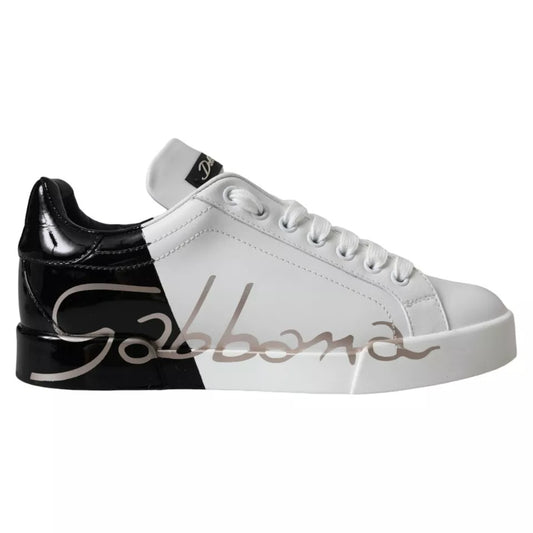 Dolce &amp; Gabbana White Black Portofino Low Top Leather Sneakers Shoes