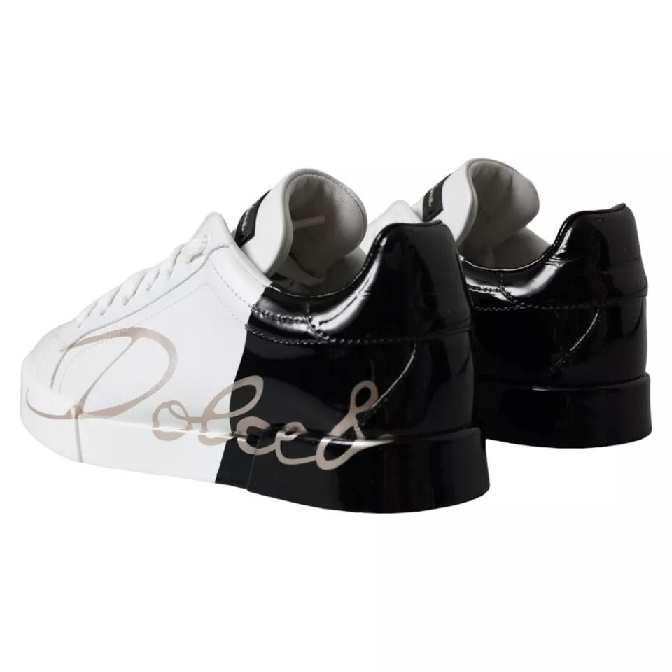 Dolce &amp; Gabbana White Black Portofino Low Top Leather Sneakers Shoes