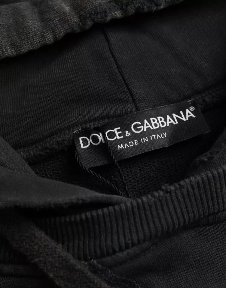 Dolce &amp; Gabbana Black Cotton Hooded T-Shirt with Short Sleeves