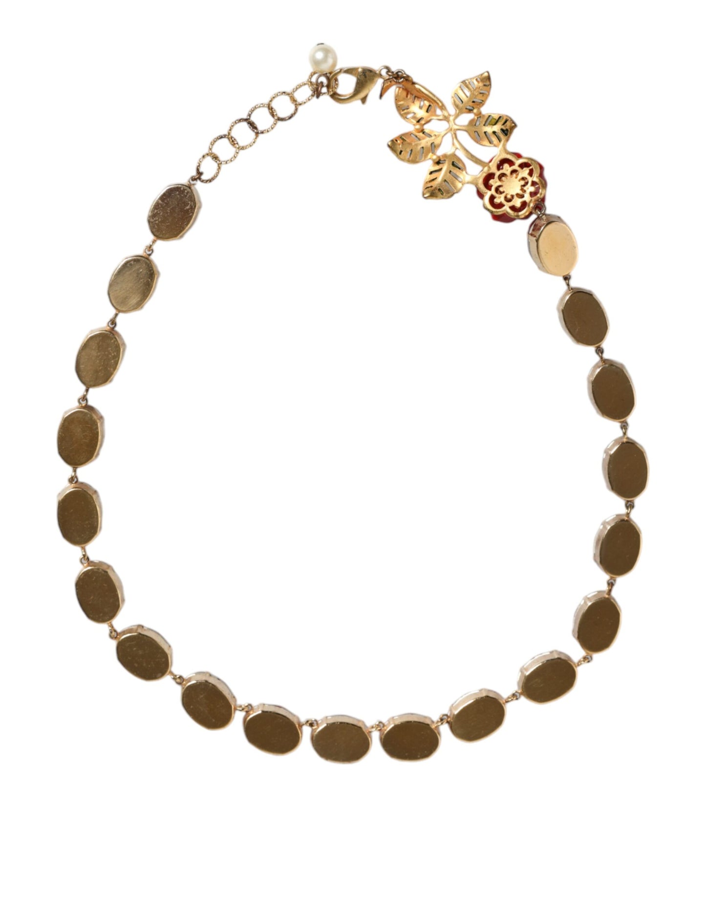 Dolce & Gabbana Gold Chain Brass Red Rose Crystal Embellished Necklace