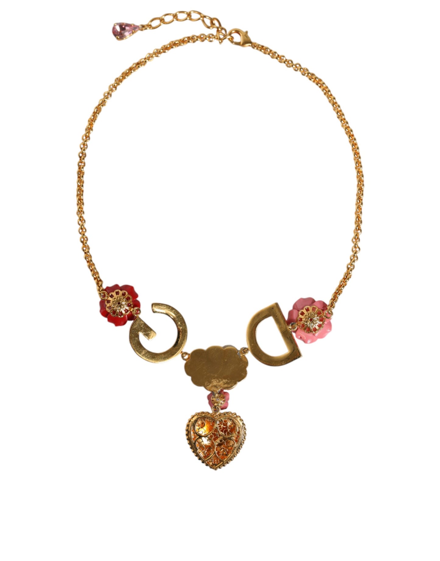 Dolce &amp; Gabbana Gold Chain DG Logo Rose Love Crystal Charm Necklace