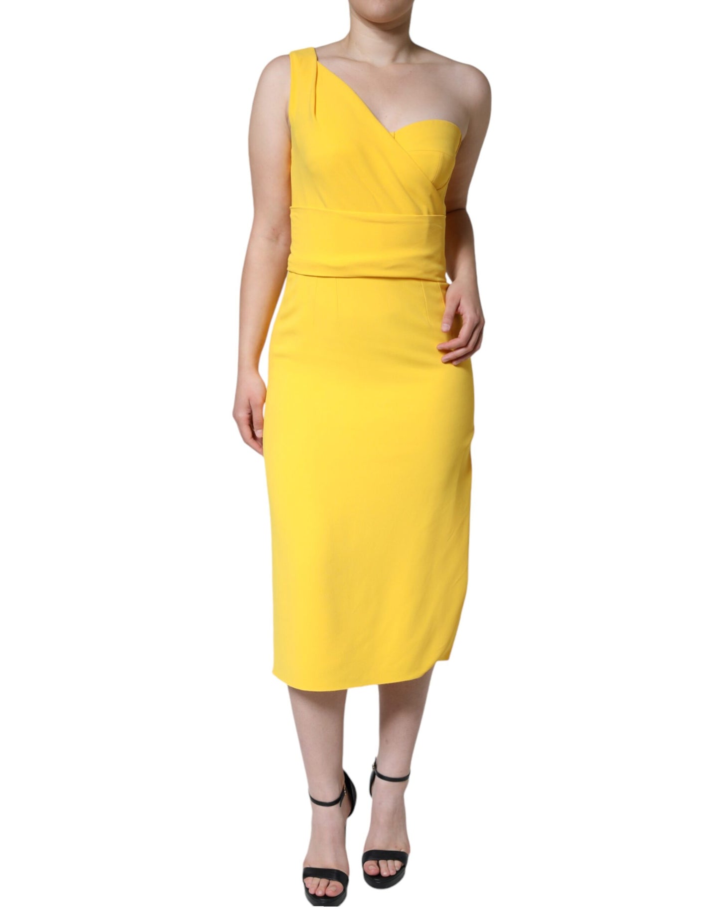 Dolce &amp; Gabbana Yellow One Shoulder Side Slit Midi Dress