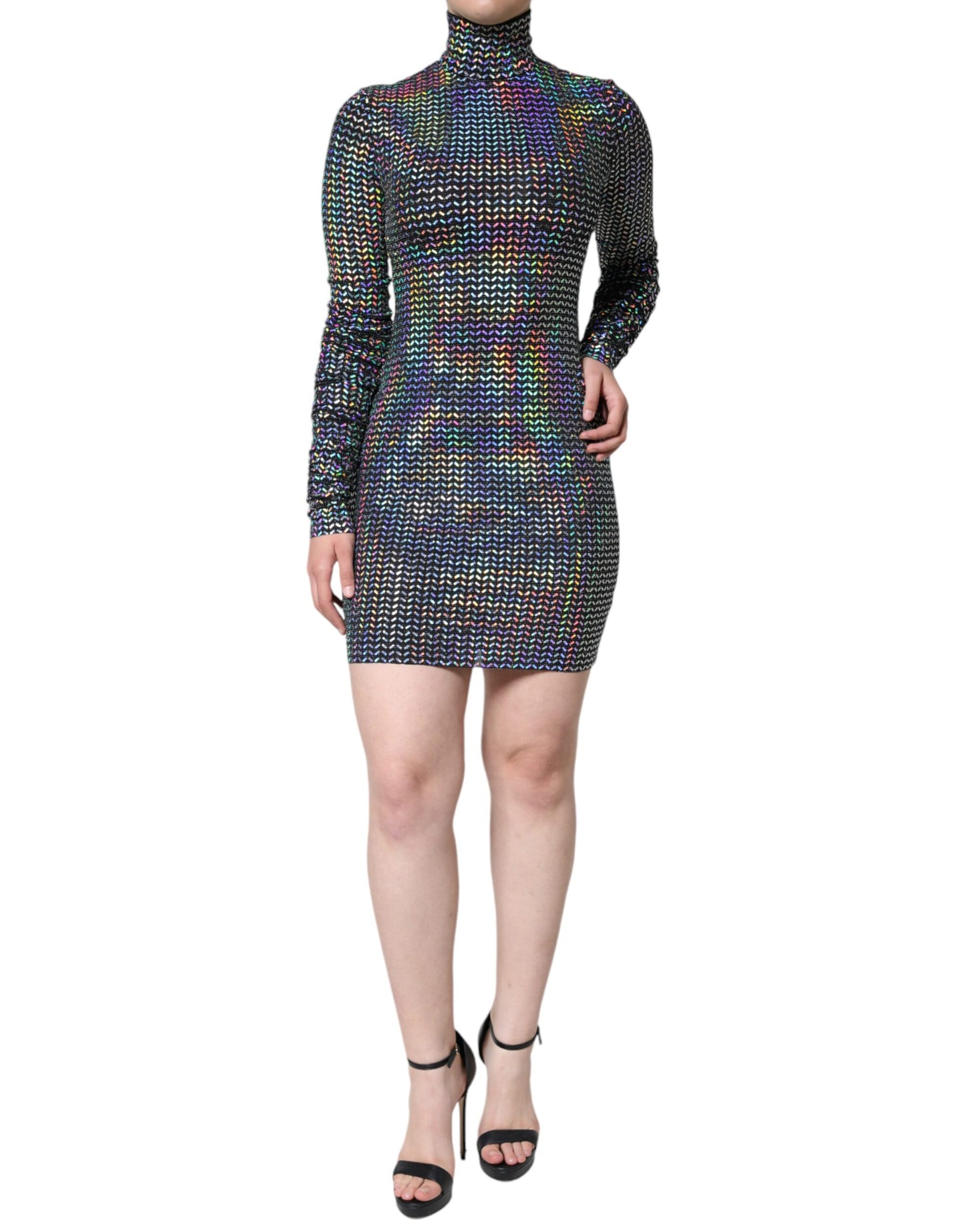 Dolce &amp; Gabbana Silver Embellished Long Sleeves Turtleneck Dress