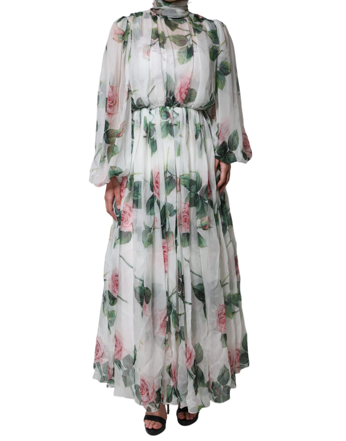 Dolce &amp; Gabbana White Silk Floral Print Long Maxi Dress