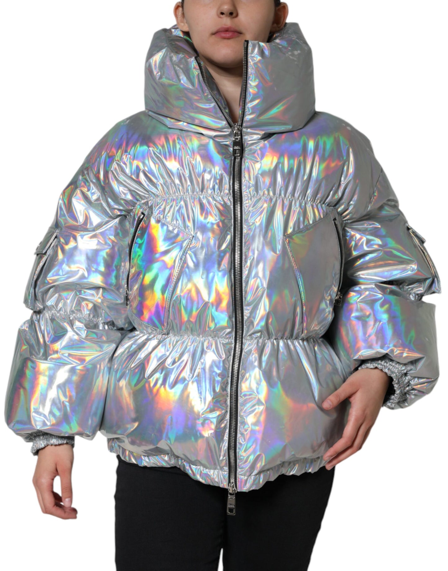 Dolce &amp; Gabbana Silver Iridescent Puffer Full Zip Coat Jacket