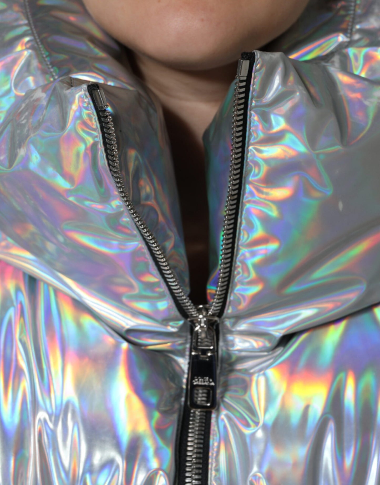 Dolce &amp; Gabbana Silver Iridescent Puffer Full Zip Coat Jacket