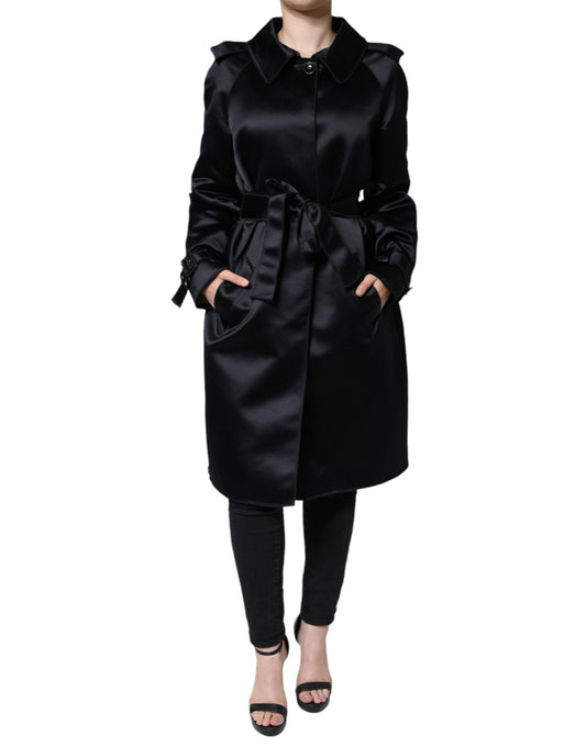 Dolce &amp; Gabbana Black Polyester Organza Belted Coat Jacket