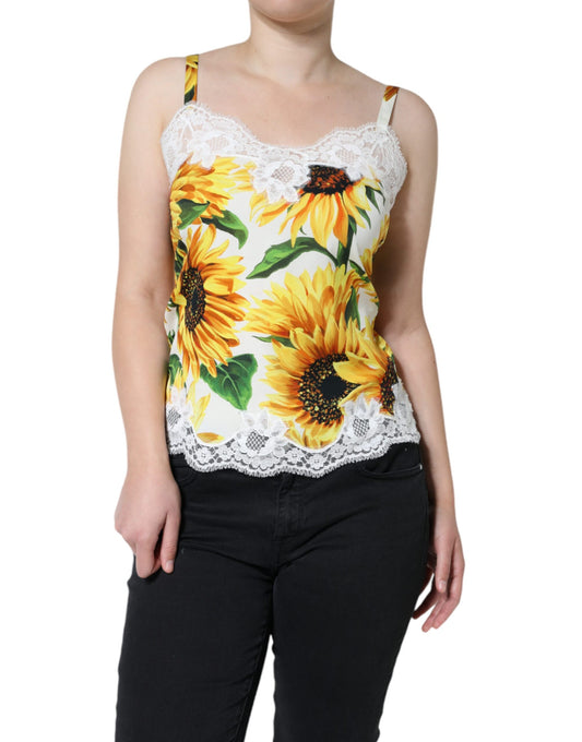 Dolce &amp; Gabbana White Silk Sunflower Lace Sleeveless Tank Top