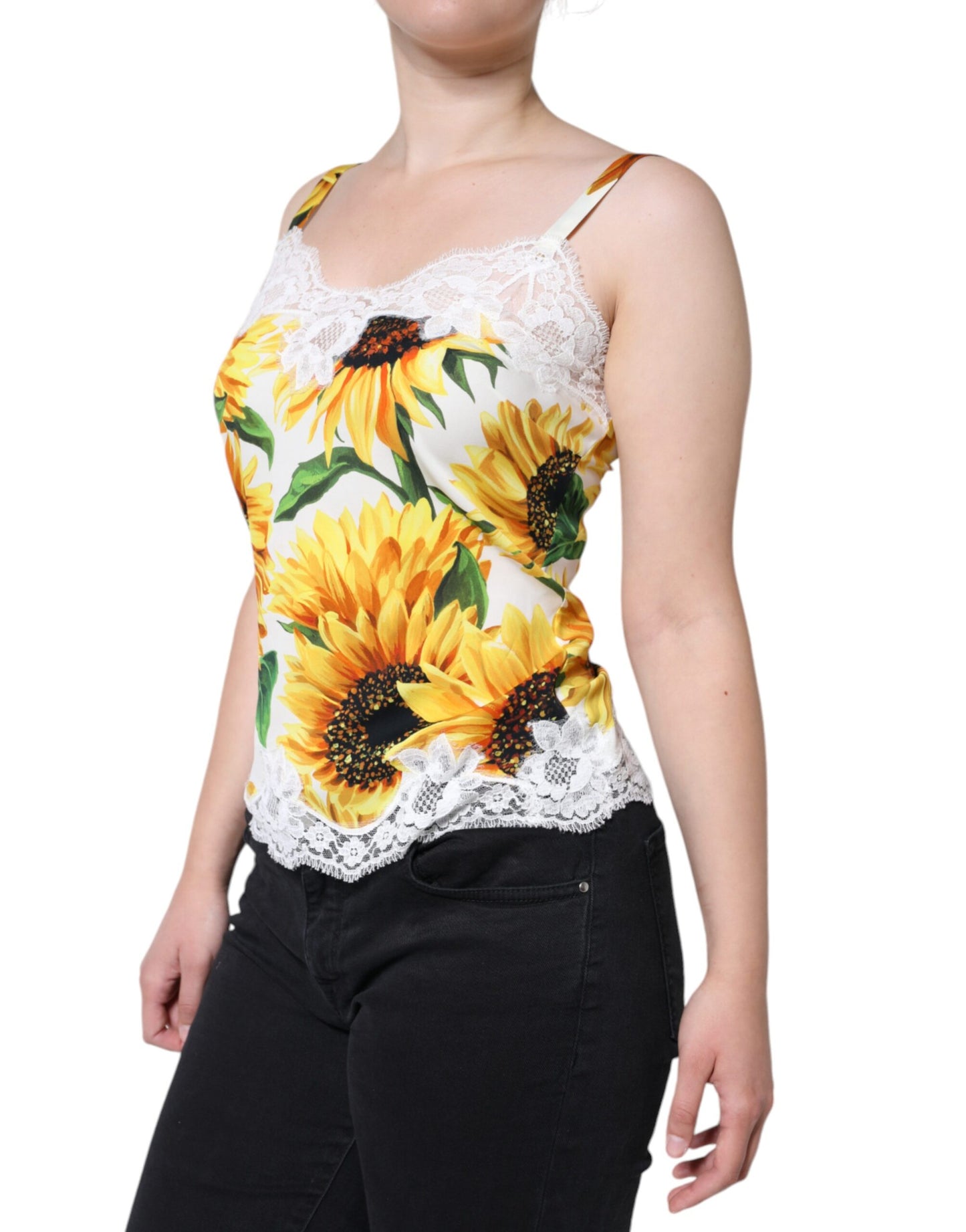 Dolce &amp; Gabbana White Silk Sunflower Lace Sleeveless Tank Top