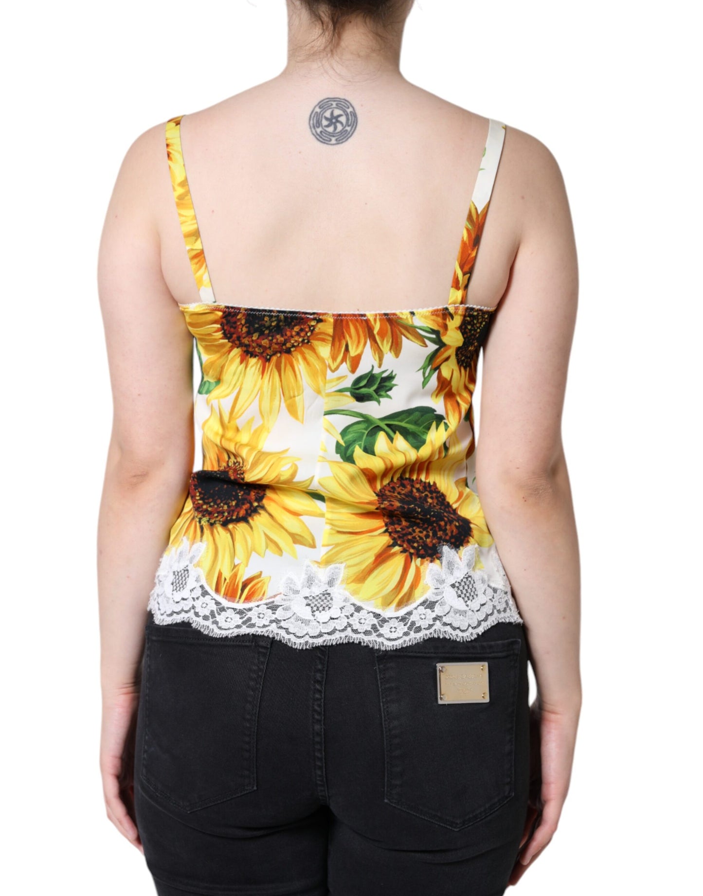 Dolce &amp; Gabbana White Silk Sunflower Lace Sleeveless Tank Top