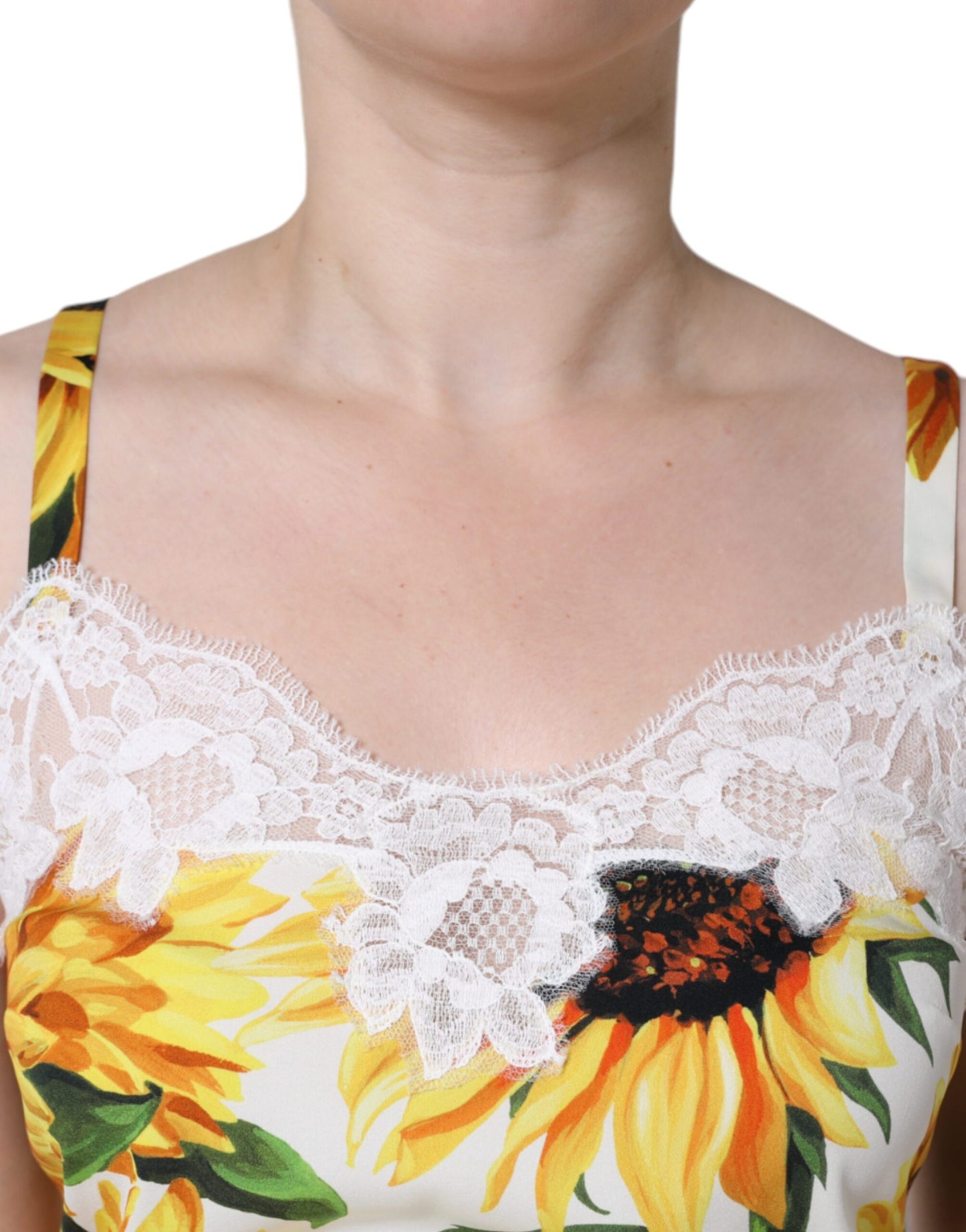 Dolce &amp; Gabbana White Silk Sunflower Lace Sleeveless Tank Top