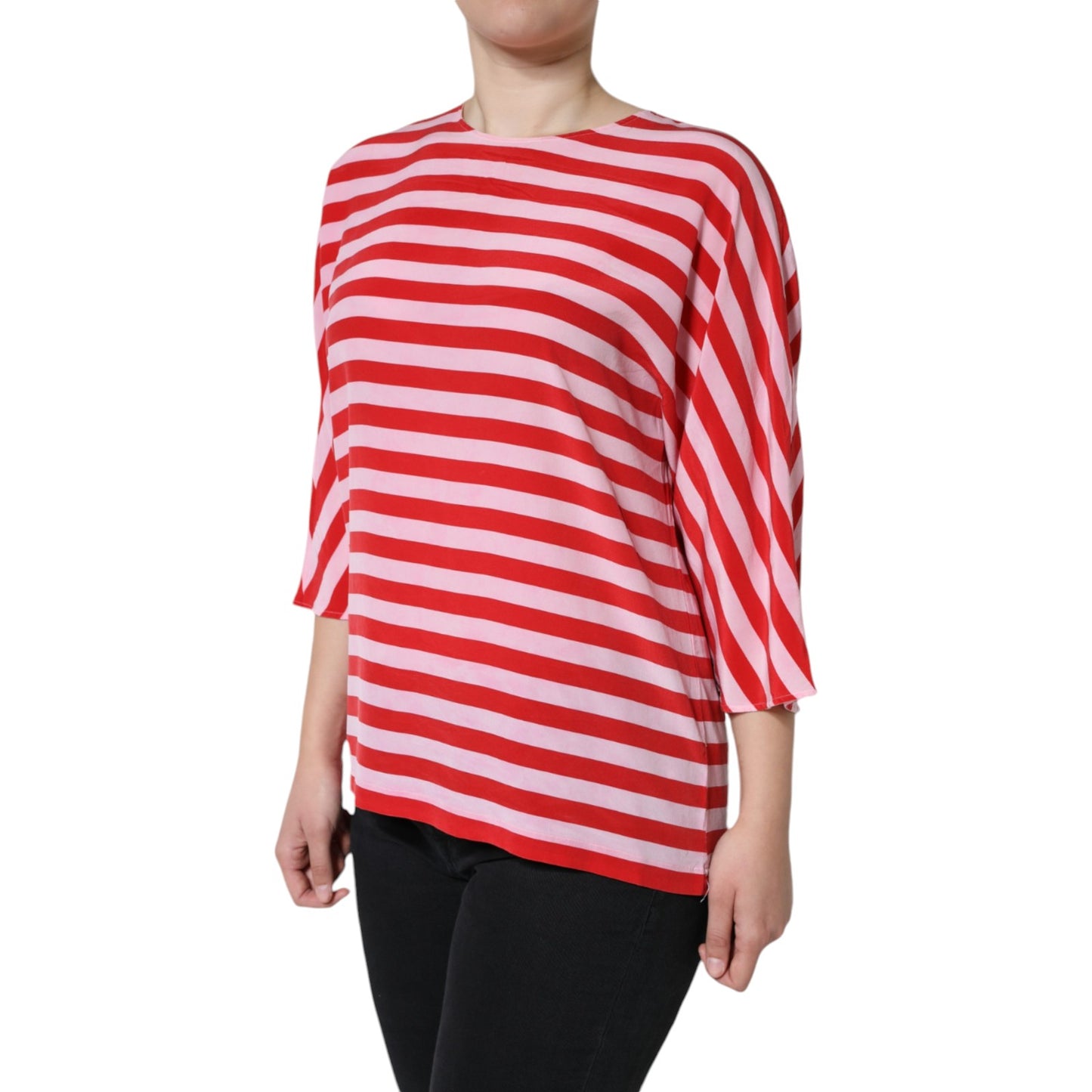 Dolce &amp; Gabbana White Red Striped Silk Round Neck T-shirt