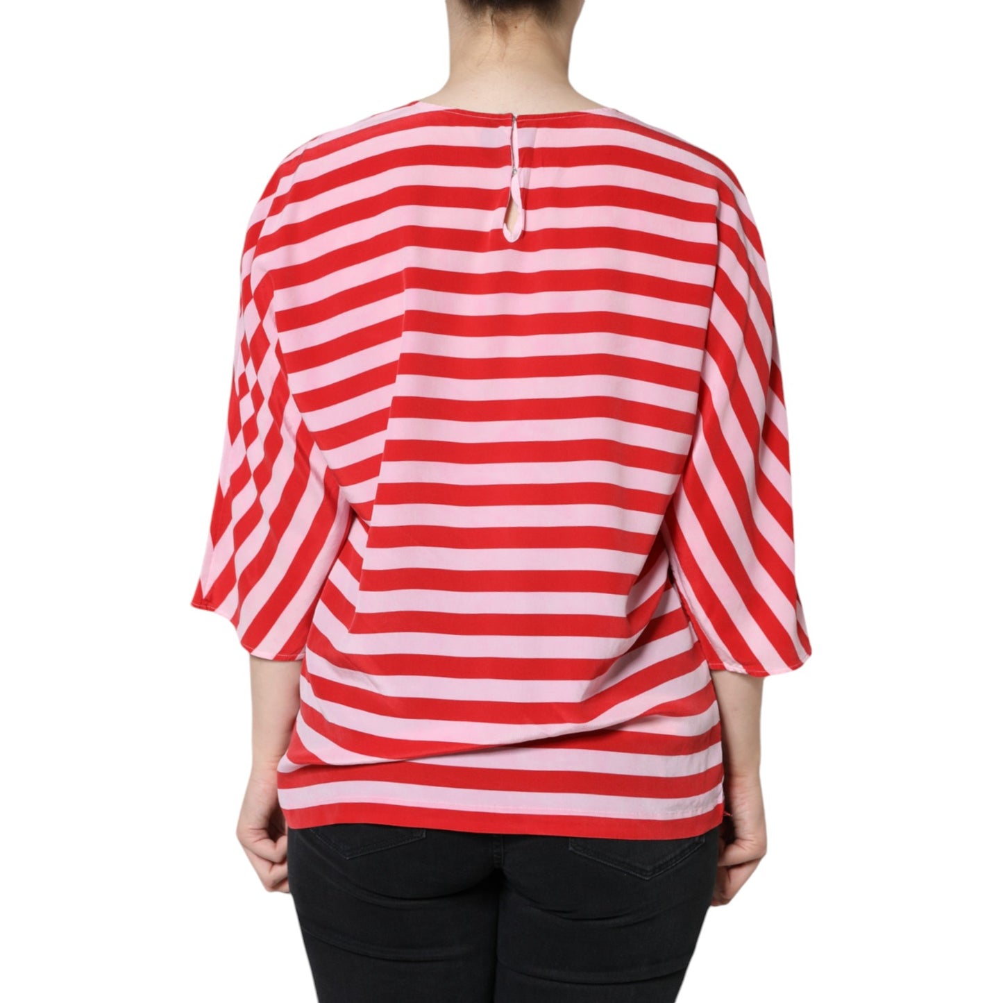 Dolce &amp; Gabbana White Red Striped Silk Round Neck T-shirt