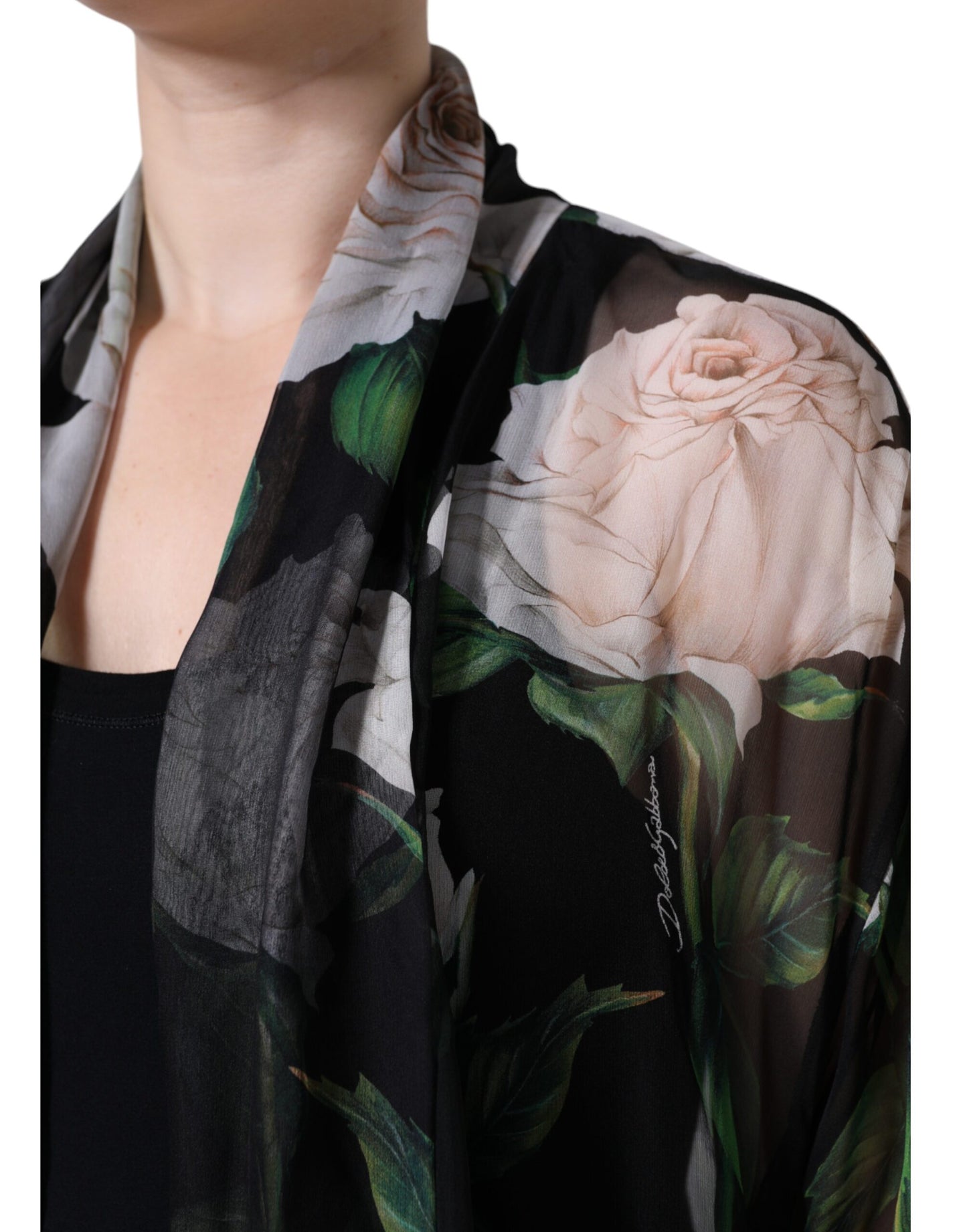 Dolce &amp; Gabbana Black Floral Print Silk Cardigan Blouse Top