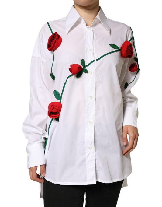 Dolce &amp; Gabbana White Cotton Flower Applique Dress Shirt Top