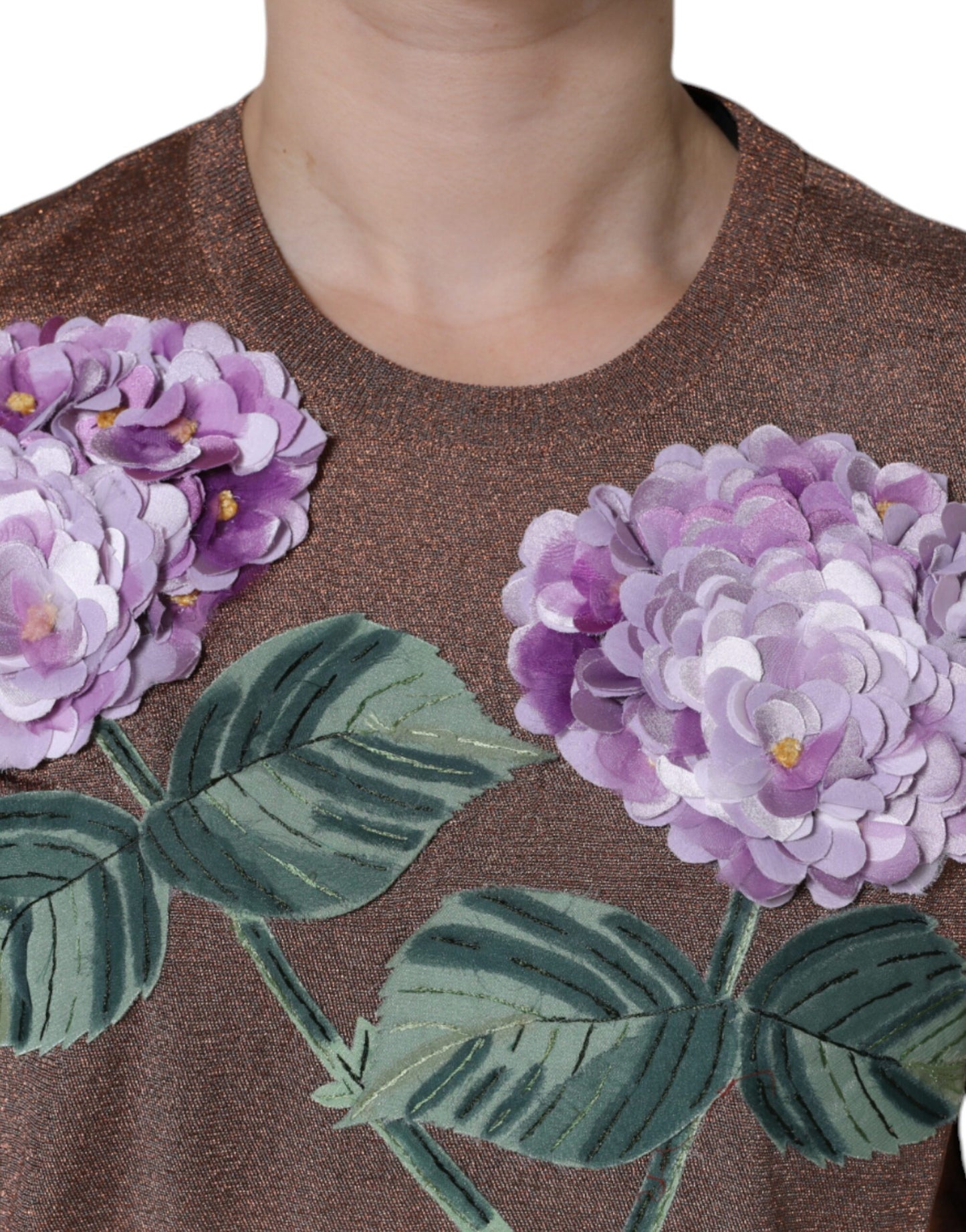 Dolce &amp; Gabbana Brown Floral Applique Viscose Short Sleeve Top