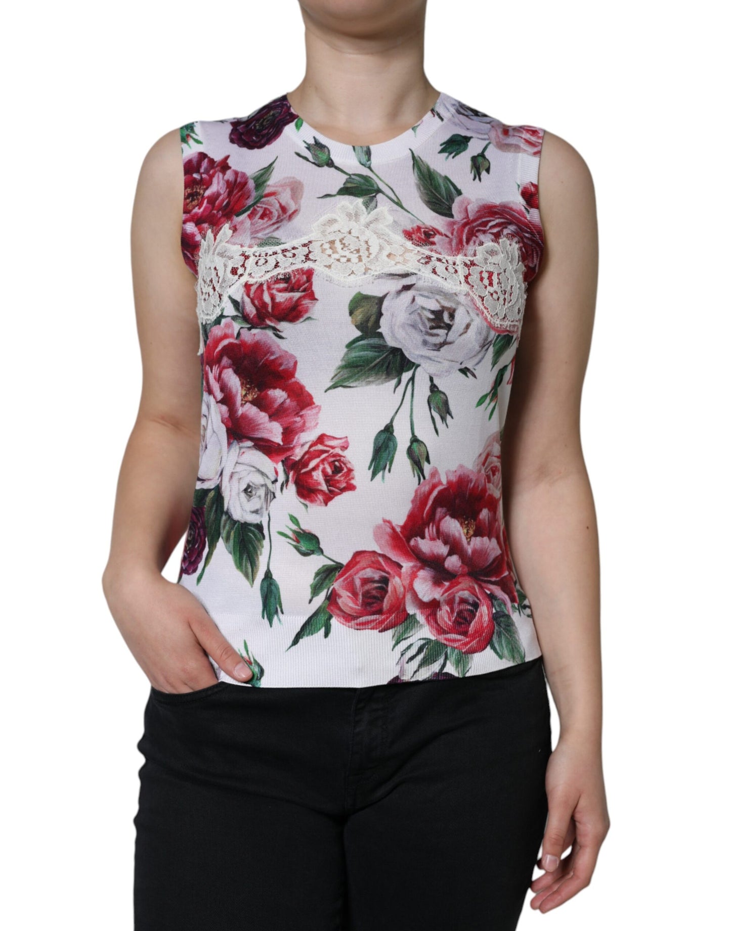 Dolce &amp; Gabbana White Floral Lace Silk Sleeveless Tank Top