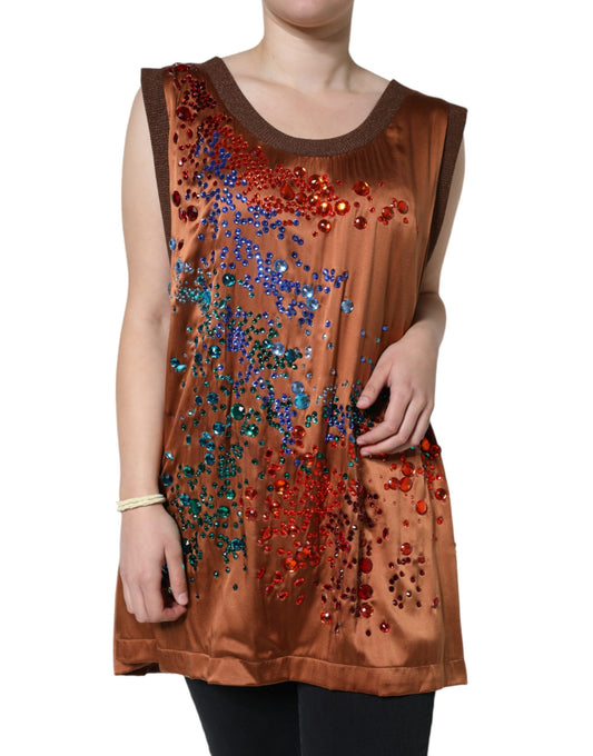 Dolce &amp; Gabbana Brown Crystal Embellished Sleeveless Tank Top